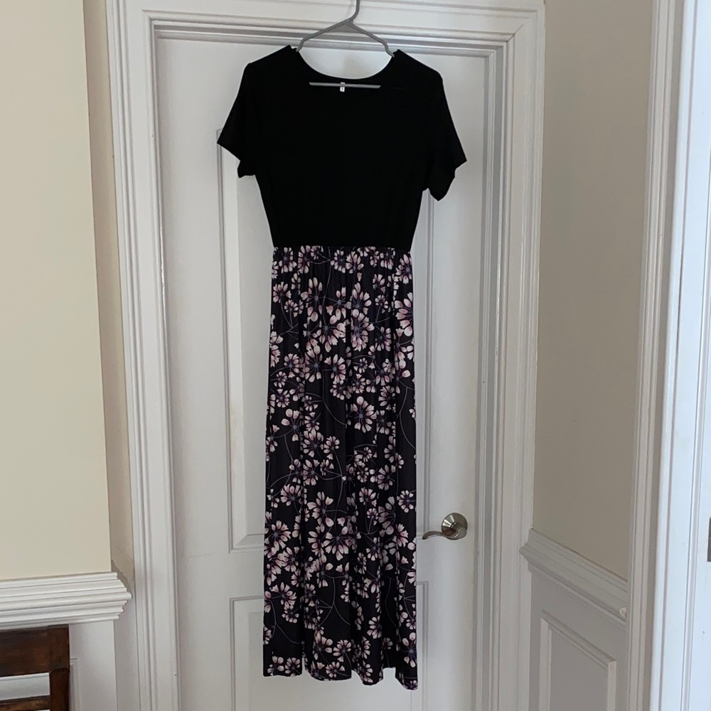 Black Top with Pink Floral Maxi Dress